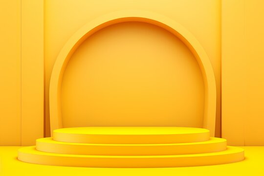 A minimalist yellow stage with circular arch, ideal for presentations or performances.