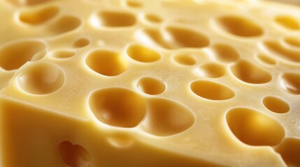 Close-up of Swiss cheese texture, showing numerous holes and pale yellow color.
