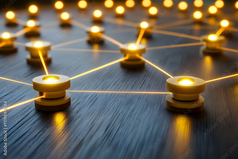 Aufkleber illuminated nodes connected by glowing lines on dark surface.