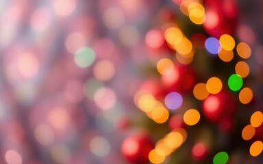 Colorful Christmas decorations create a festive atmosphere with glowing lights and blurred background