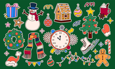Merry Christmas sticker. Xmas Vintage icon. Winter holiday gift. Santa hat. Holly wreath. Retro groovy happy art. Candy and gingerbread. Funky snowman. Fir tree. Vector cartoon New Years elements set
