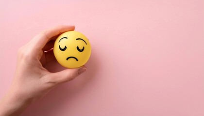A hand hold a yellow tired face emoji on a pastel pink background. flat lay, space for text