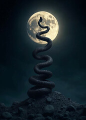 a snake is sitting on top of a rocky mountain and winding through a glowing full moon in the background