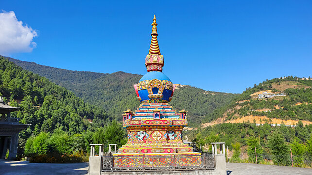 Vibrant blue Gompa situated near Thupsung Dhargye Ling Monastery, Dirang, West Kameng, Arunachal Pradesh, India.