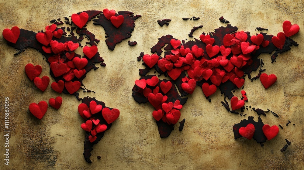 Aufkleber map of the world with red hearts symbolizing love and connection across continents, ideal for projec