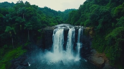 Fototapeta premium Majestic Waterfall Surrounded by Lush Green Forest and Vibrant Jungle in a Scenic Landscape, Capturing the Beauty of Nature and Serenity