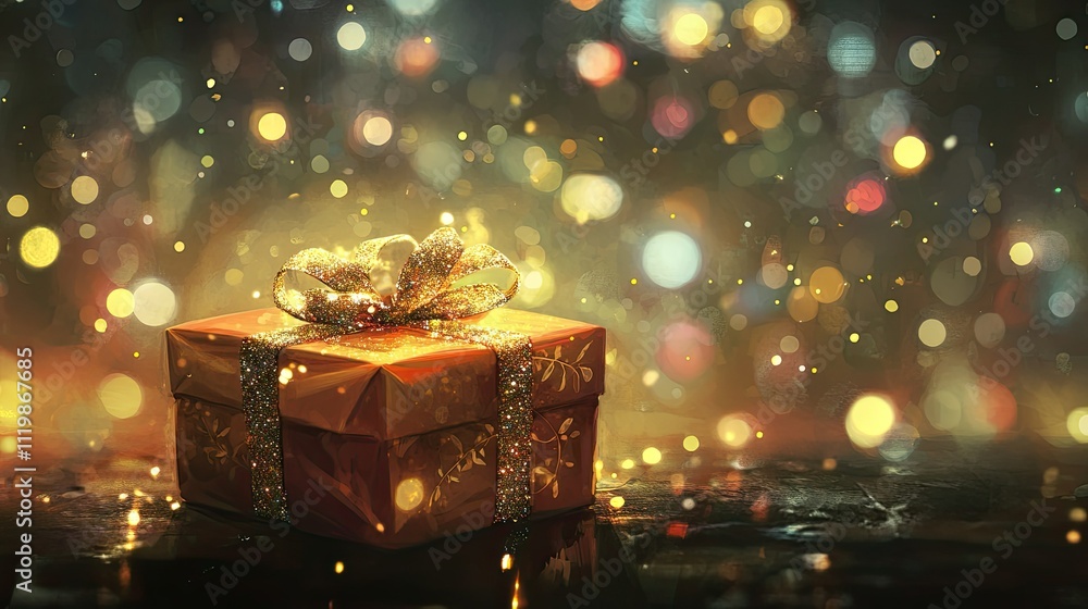 Poster elegant gift box with golden ribbon surrounded by soft bokeh lights, creating a magical atmosphere f