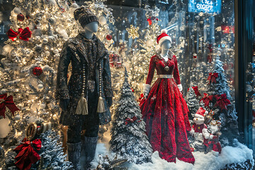Naklejka premium Festive Holiday Window Display with Mannequins in Winter Attire Amid Christmas Decorations and Twinkling Lights,