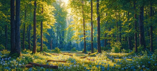 Obraz premium Sunlit Spring Forest Lush Green Trees Blue Flowers Nature Scene