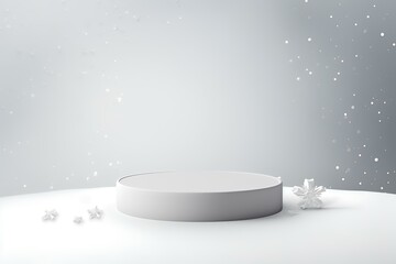 A minimalistic display platform surrounded by snowflakes, ideal for product showcasing.