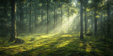 Obraz premium Sunlit Forest Misty Morning Green Trees Mossy Ground Nature Scene