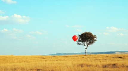 A Lone Tree in a Golden Field with a Bright Red Balloon Floating Above Against a Stunning Blue Sky, Symbolizing Freedom and Adventure