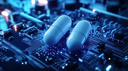Two capsules on a circuit board, representing digital medicine or healthcare technology.