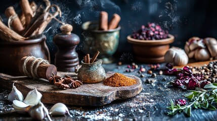 Fototapeta premium Rustic spice arrangement with cinnamon and star anise