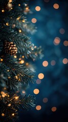 Christmas garland with bokeh lights on dark blue background