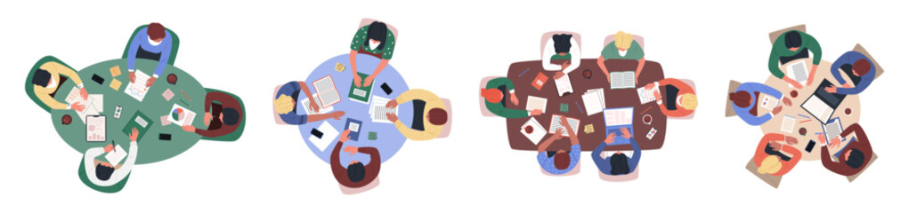 Meeting top view. Table council in office. Students collaborate, do business, teamwork. Brainstorm, discuss, negotiate together. Group brainstorming. Vector garish team cartoon isolated illustration