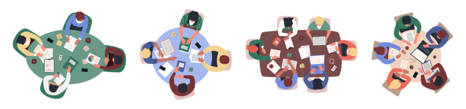 Meeting top view. Table council in office. Students collaborate, do business, teamwork. Brainstorm, discuss, negotiate together. Group brainstorming. Vector garish team cartoon isolated illustration