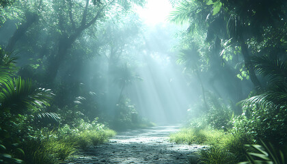 Fototapeta premium Sunbeams illuminate a misty path through a lush, green jungle.