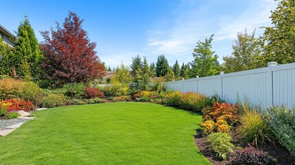 Obraz premium A beautifully landscaped backyard with vibrant plants and a well-maintained lawn.