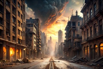 Obraz premium Empty street of burnt up city. Apocalyptic view of city downtown as disaster film poster concept. City destroyed by war