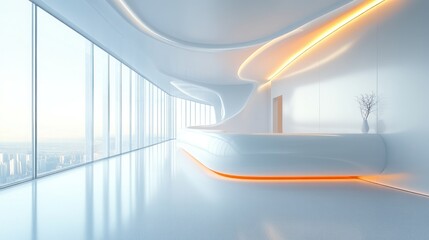 A modern, sleek reception area with futuristic design and natural light.