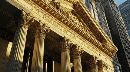 A grand architectural facade featuring columns and intricate details.