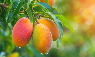 Lush branch bearing ripe mangoes, with vibrant colors and clear details with copy space.