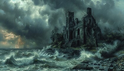 Fototapeta premium Stormy Seas Batter Ancient Castle Ruins