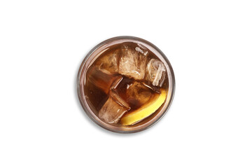 Refreshing iced tea with lemon and ice cubes isolated on white background