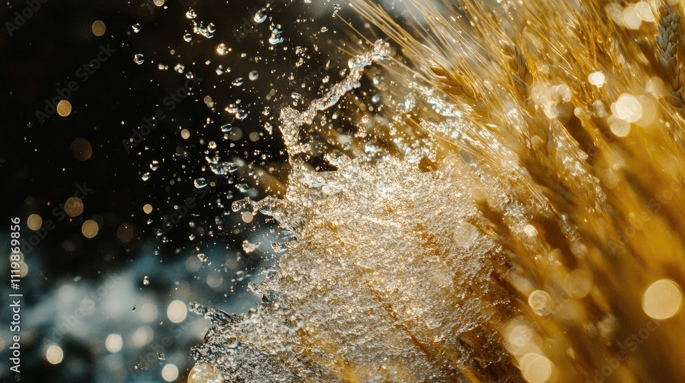 Aufkleber close-up of water splashing against golden grass in a sunlit natural setting with vibrant bokeh back