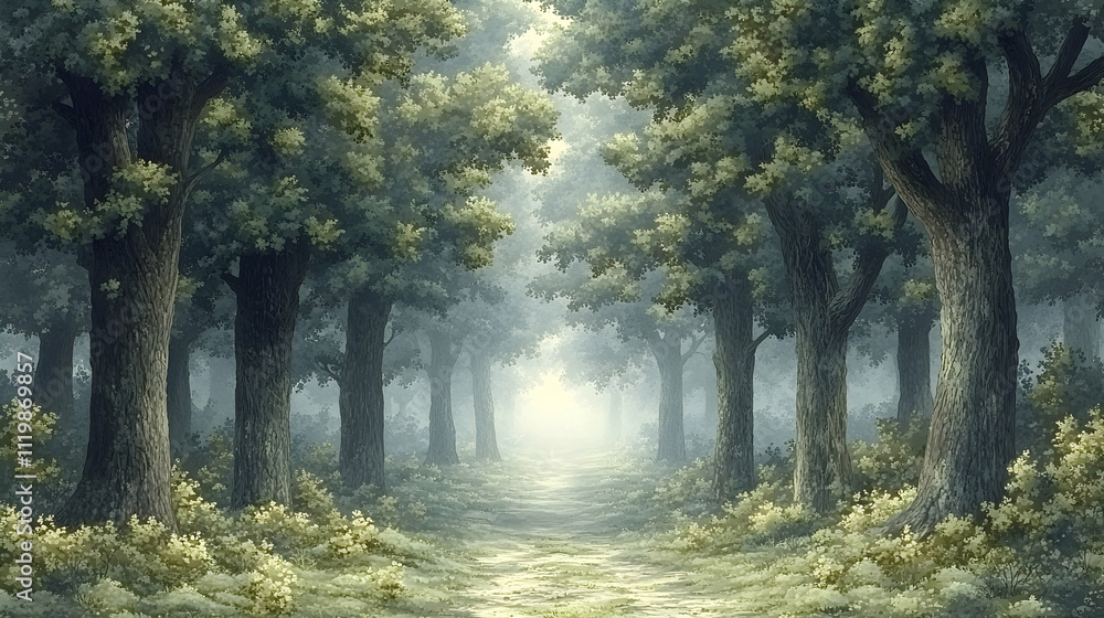 Poster mystical forest path with sunlight streaming through tall trees and soft mist.