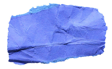 Blue crumpled wrinkled torn piece of blank paper note cardboard with texture and copy space, close up transparent png background isolated cut out design element