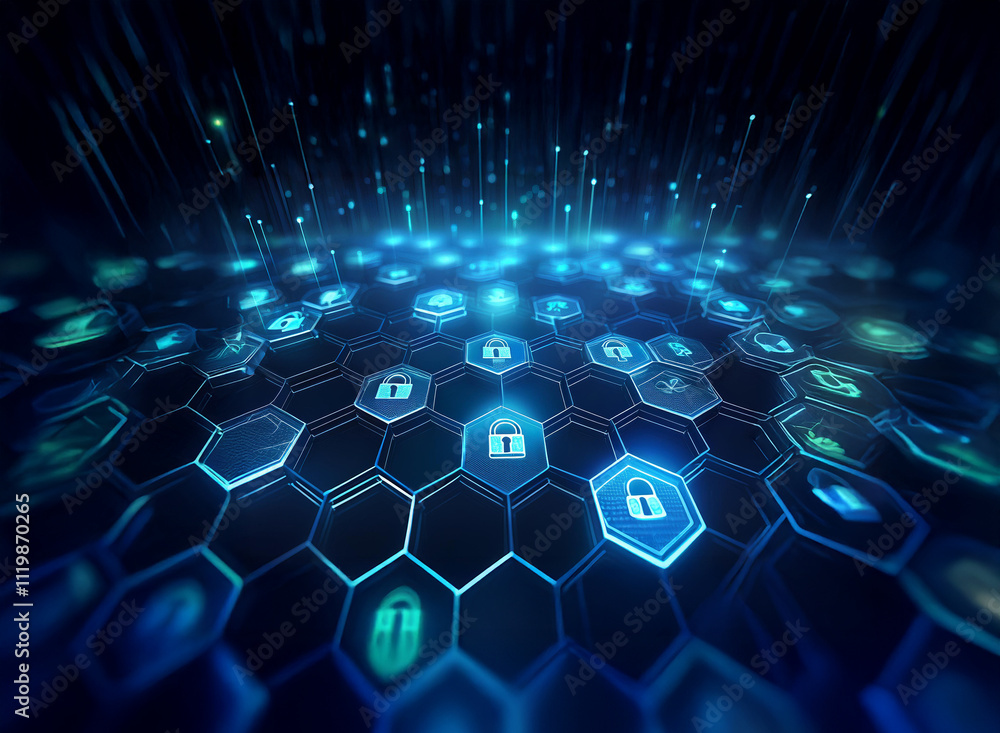 Aufkleber Abstract digital security network.  Hexagonal grid displays glowing padlock icons, representing data protection and cyber security.  Streams of light signify data flow.