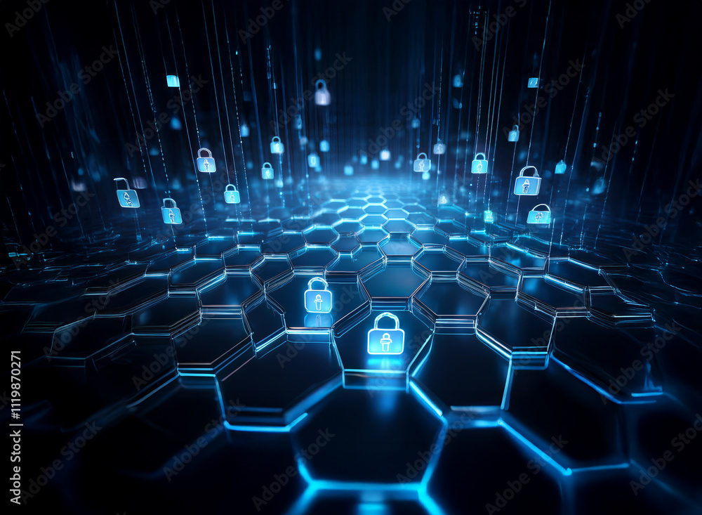 Aufkleber cybersecurity concept: a digital landscape of glowing blue hexagons and falling padlocks symbolizes 