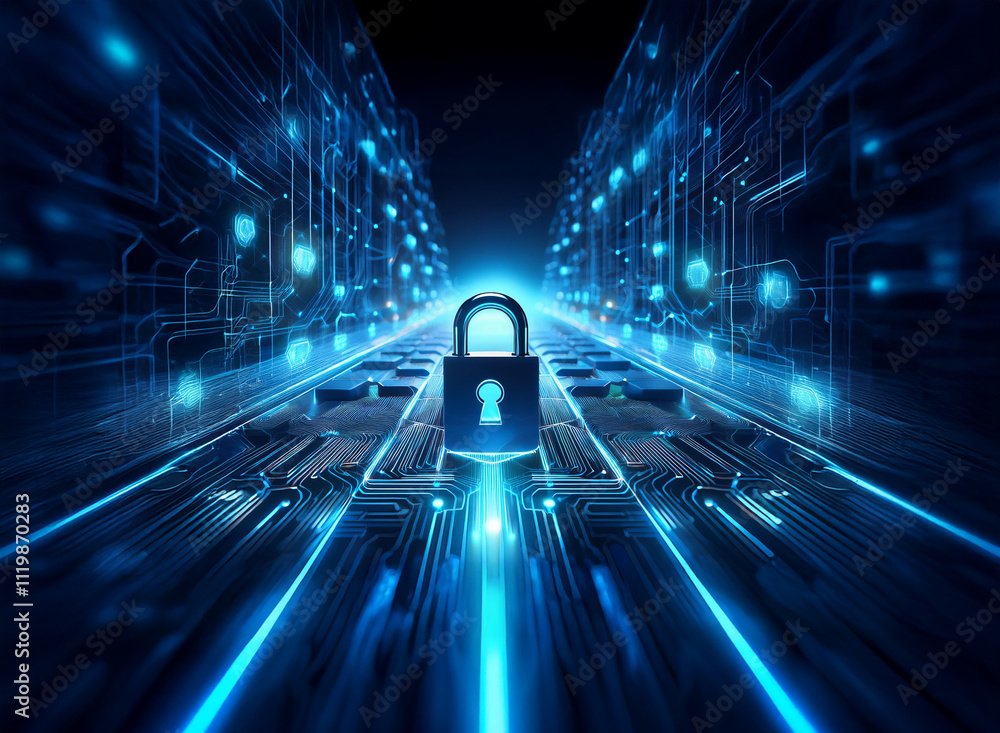Poster a glowing blue padlock sits at the center of a digital highway, representing cybersecurity and data 