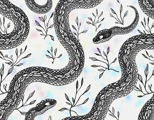 Obraz premium seamless pattern wallpaper of snakes with black stripes and leaves on a white background