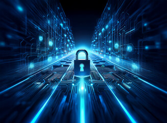 A glowing blue padlock sits at the center of a digital highway, representing cybersecurity and data protection within a futuristic, technological landscape.  Data flows along glowing lines, signifying