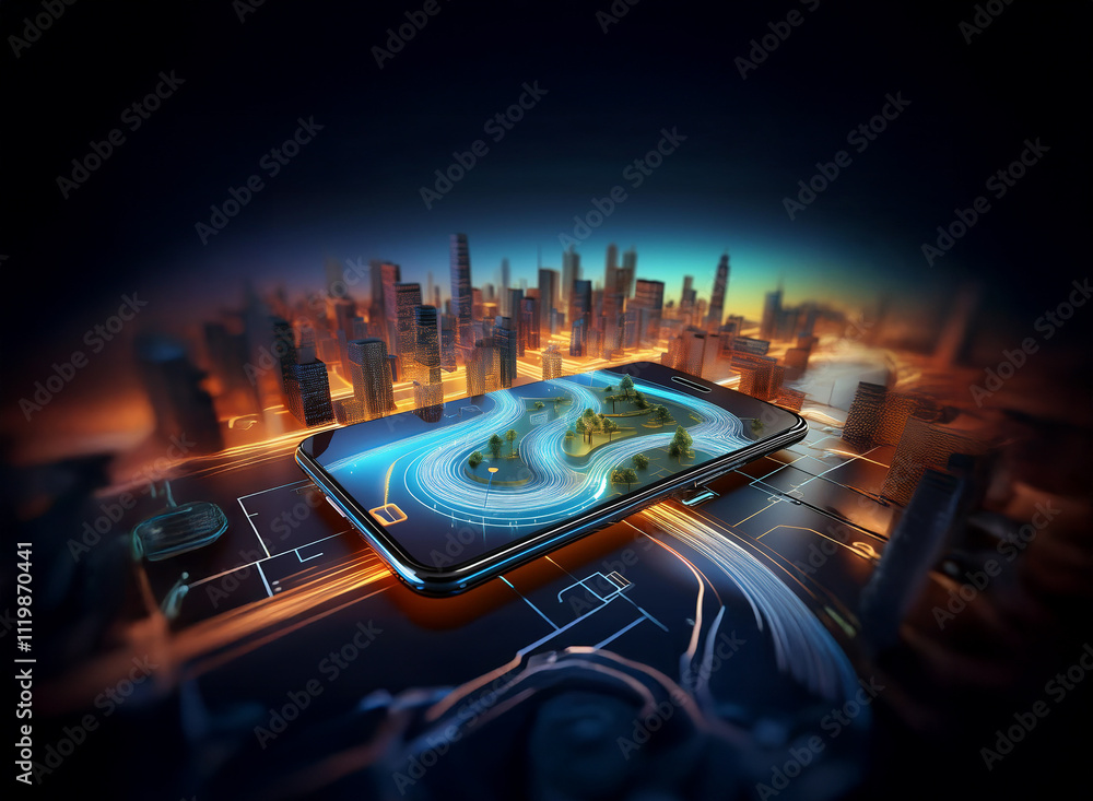 Poster a futuristic city skyline is projected onto a smartphone screen, showcasing advanced mapping technol