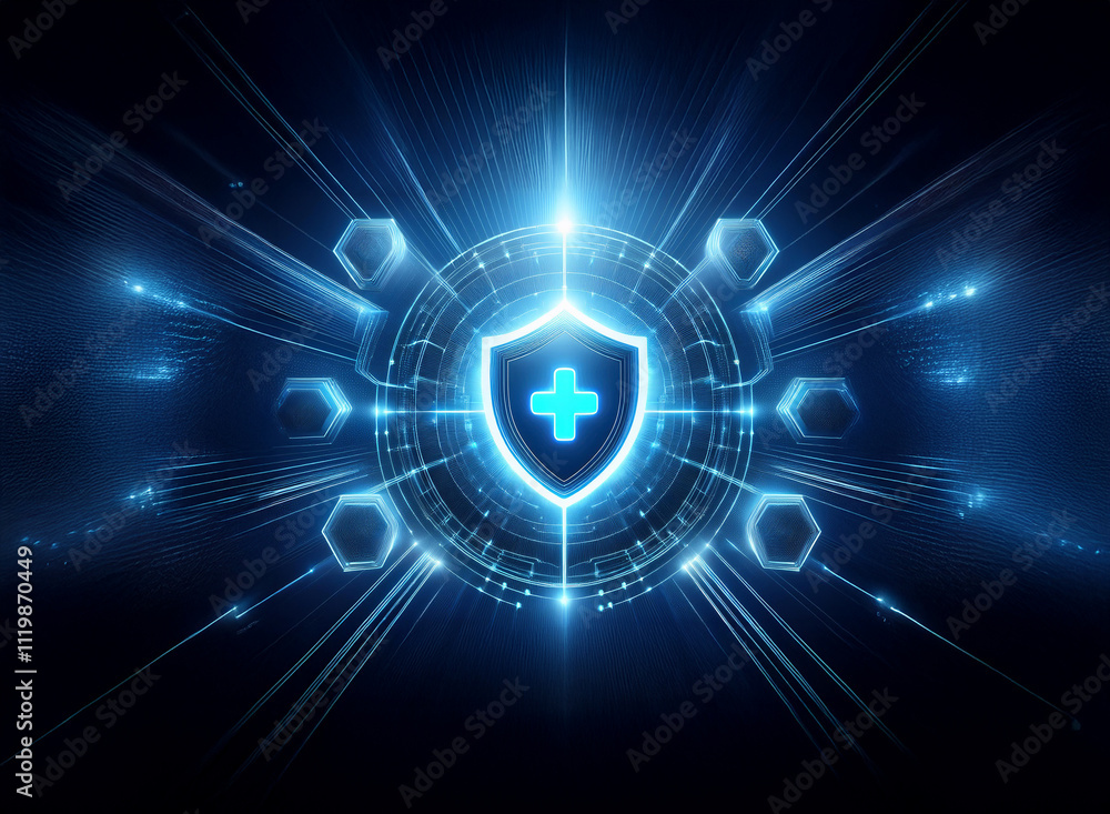 Poster a glowing blue shield with a plus sign at its center, surrounded by a futuristic technological inter