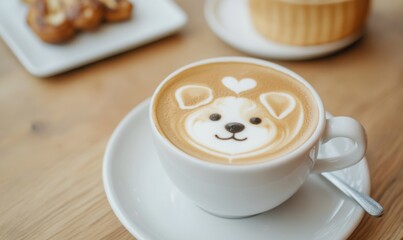 Obraz premium Macchiato with milk foam topped with latte art in the shape of a cute puppy, café interior