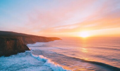 Fototapeta premium Majestic Coastal Cliff at Golden Hour with Crashing Waves and Panoramic View