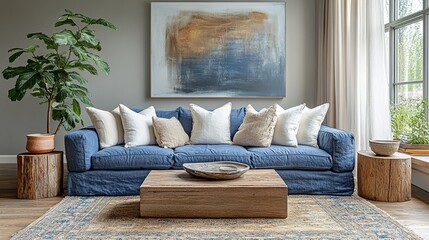 Cozy Living Room with Blue Sofa and Abstract Art