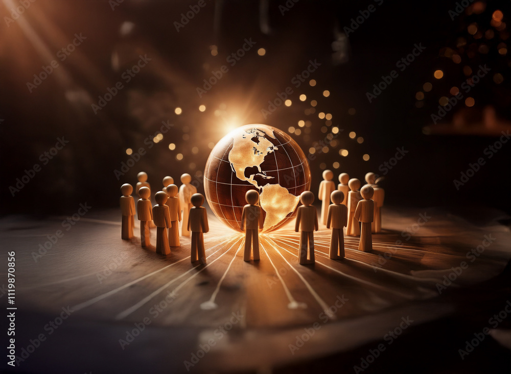 Aufkleber Glowing earth encircled by small figures, symbolizing global connection and community.  A network of light connects them, emphasizing unity and shared experience.