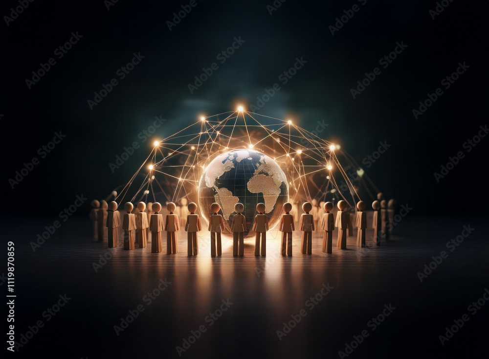 Aufkleber A glowing Earth encircled by interconnected figures symbolizes global unity and digital connection.  The scene is dark, emphasizing the network's importance.