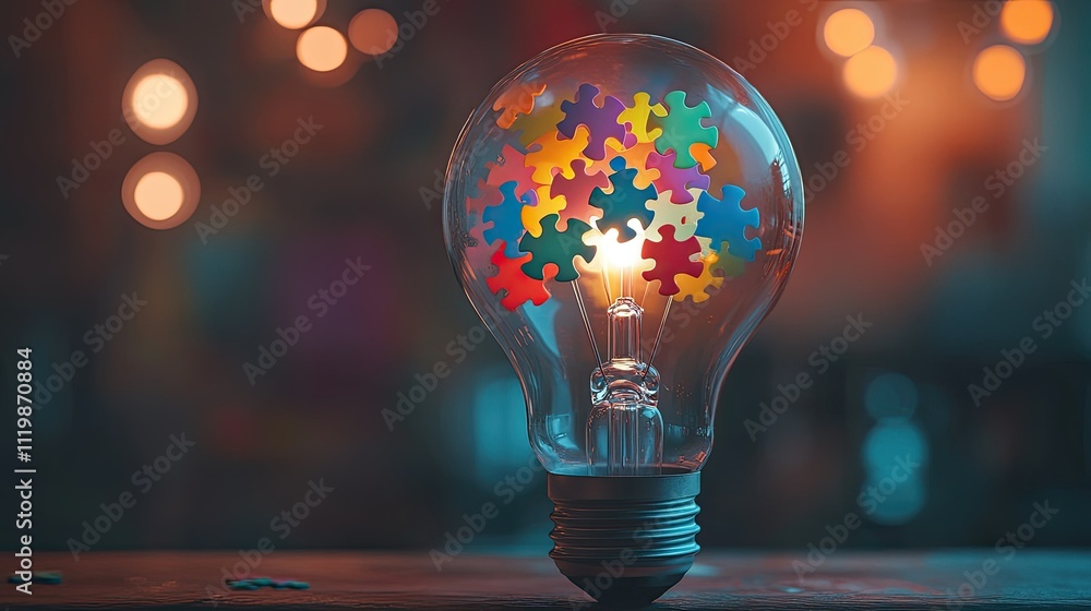 Aufkleber colorful puzzle pieces illuminate a light bulb symbolizing creativity and innovative thinking in a s