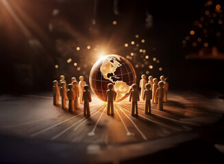 Glowing earth encircled by small figures, symbolizing global connection and community.  A network of light connects them, emphasizing unity and shared experience.