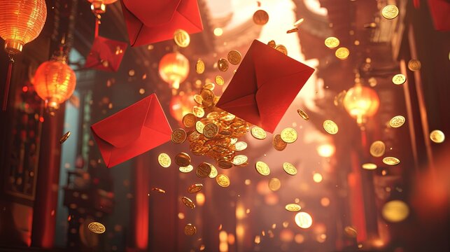 Ornate red envelopes flying in the air with golden coins picture