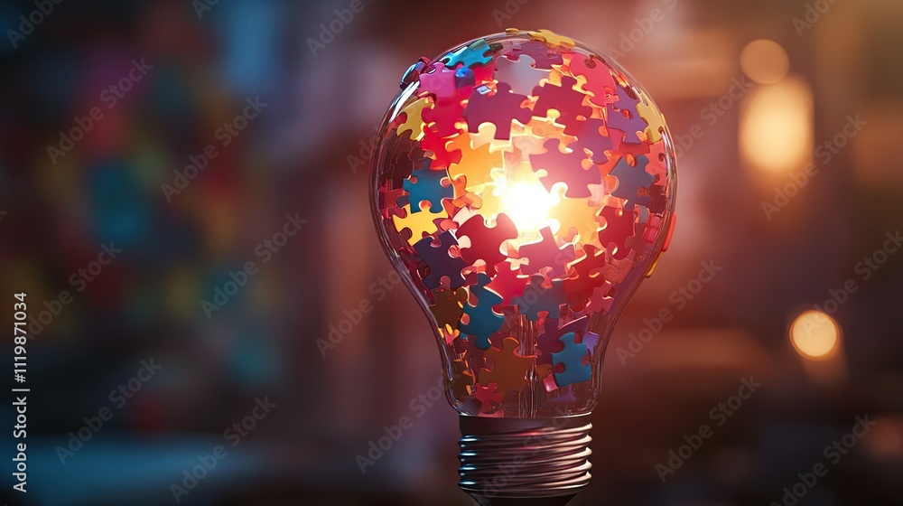 Poster colorful puzzle pieces inside a light bulb symbolizing creativity and problem solving with warm glow