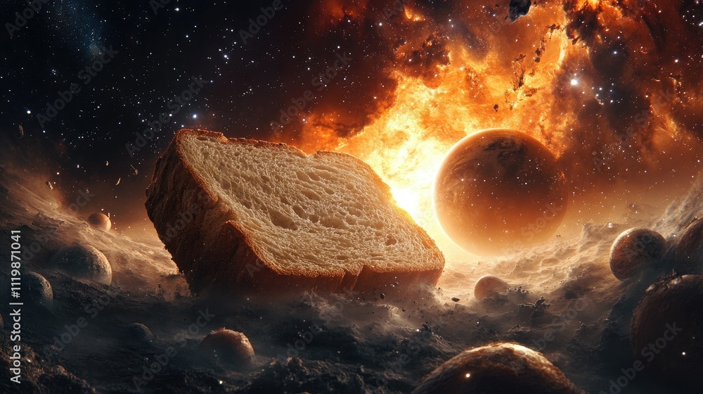 Aufkleber surreal slice of bread floating in a cosmic landscape surrounded by planets, stars, and explosive ce