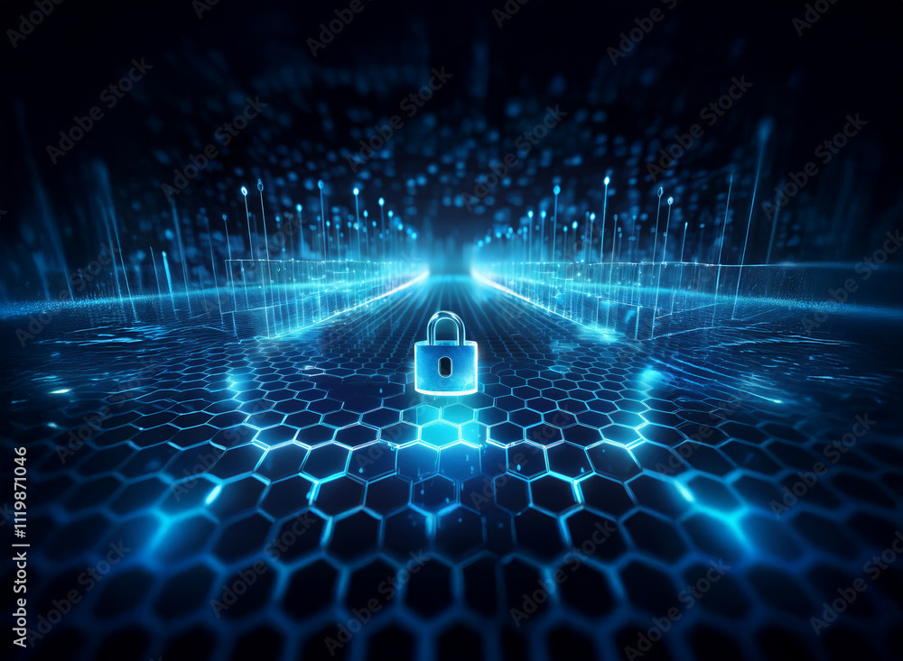Fototapete a glowing blue padlock sits at the center of a hexagonal grid, data streams flowing towards it, repr